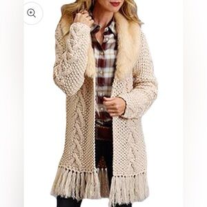 Stetson Cable Knit Fringe Sweater with Fur Collar